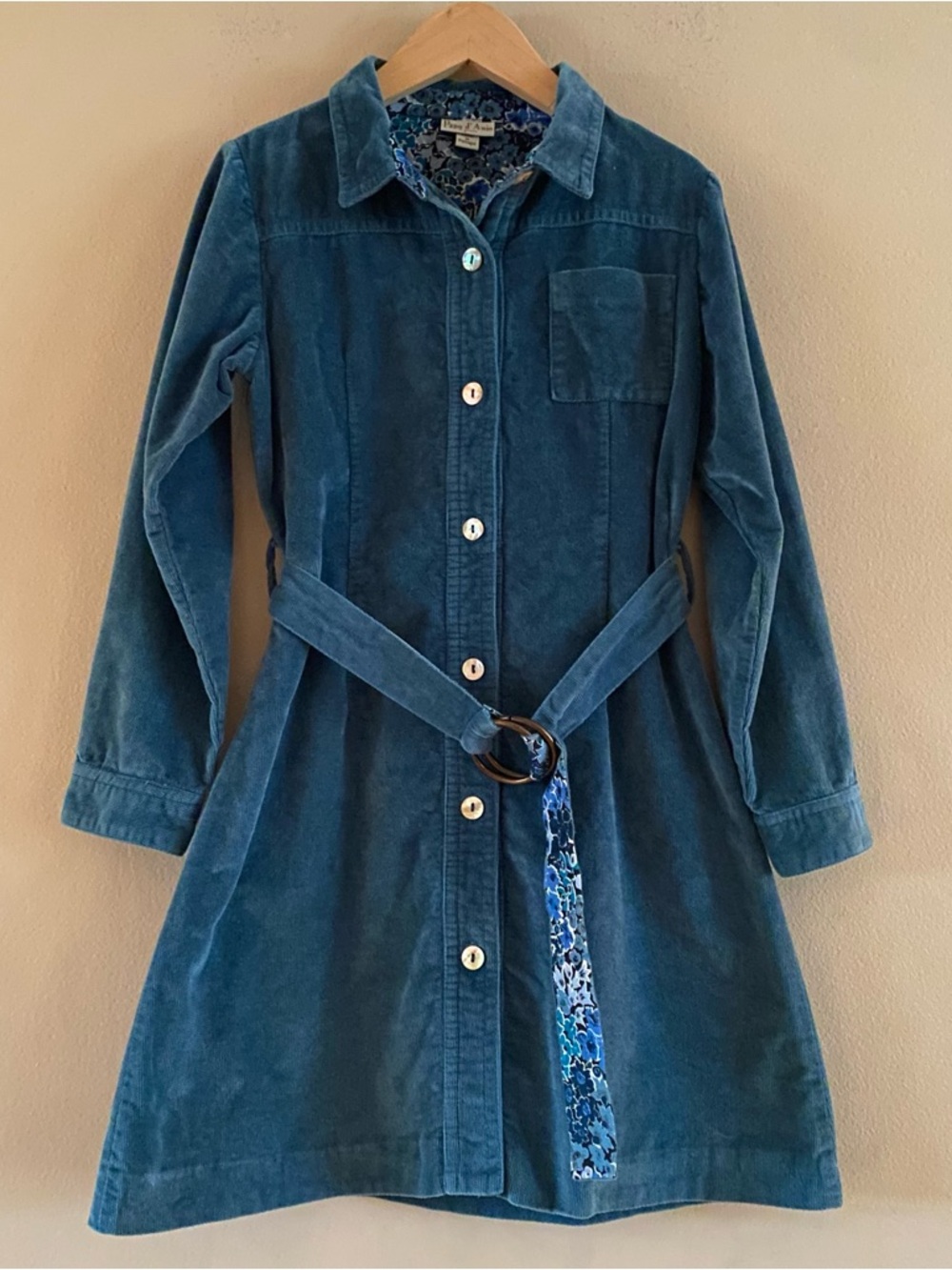 Papo d’Anjo Girl’s Blue Velvety Fine Corduroy Belted Shirt Dress Lined Size 8